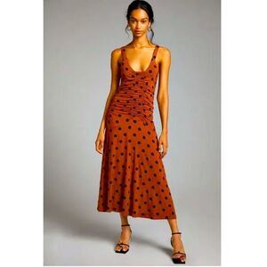NWT NEW Anthropologie Maeve Ruched Midi Dress Brown Polk Size XSP